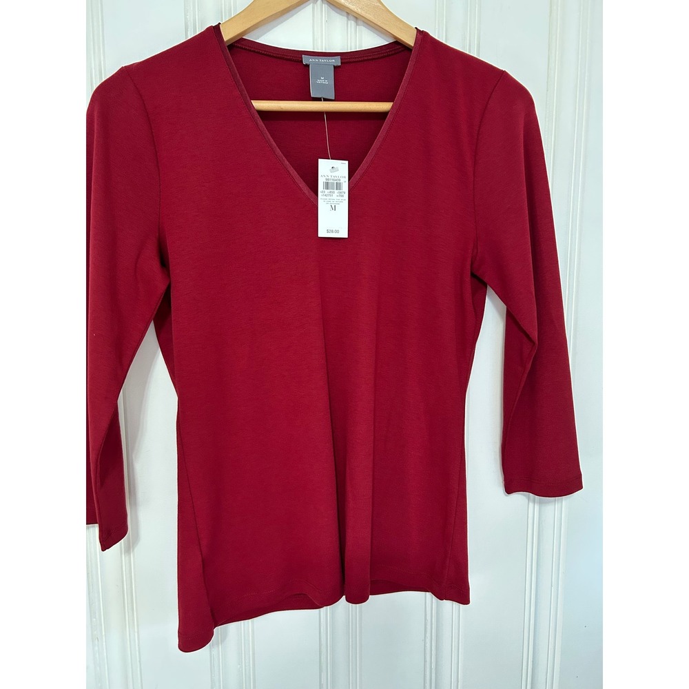 Ann Taylor Women Red Pima Cotton V-Neck 3/4 Sleeve Top NWT Size M Jewel Tone